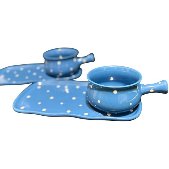 Temptations by Tara Stoneware Soup & Sandwich Set - Blue Polka Dots - Set of 2 - Picture 1 of 9